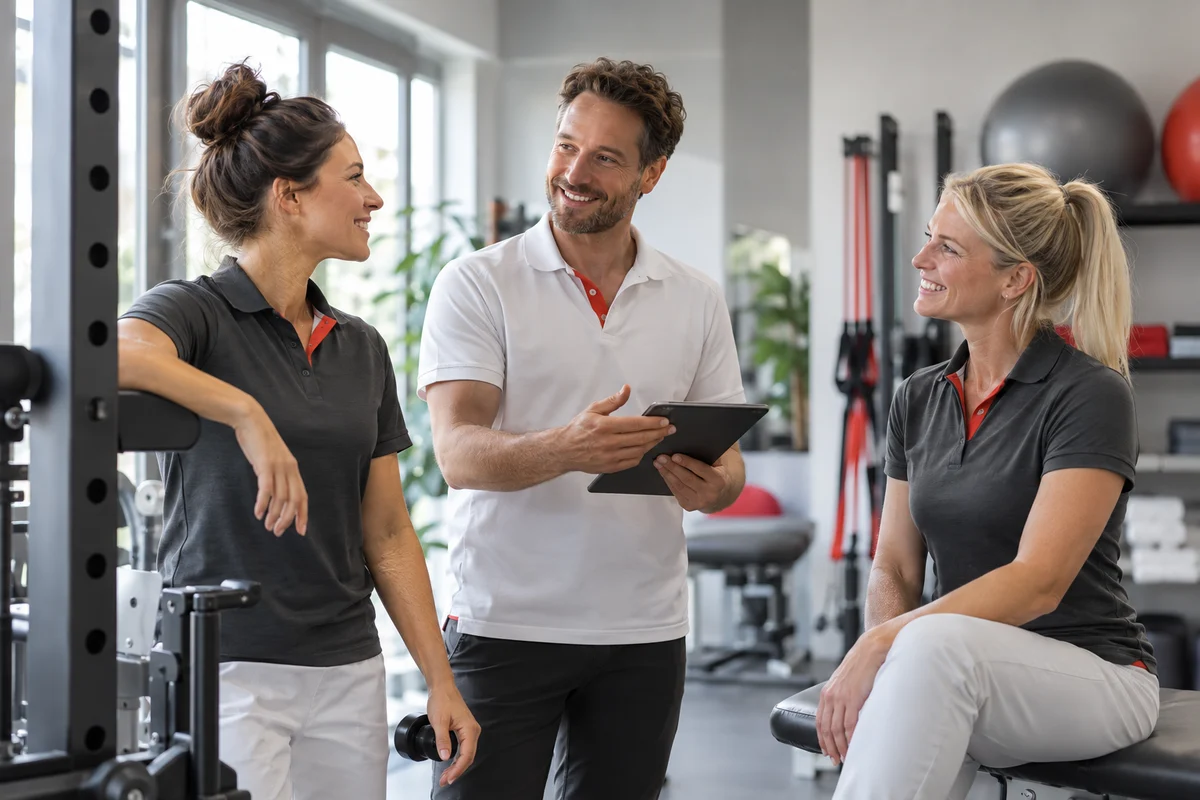 Drei Physiotherapie-Fachkräfte tauschen sich in einem hellen Übungsraum aus.
