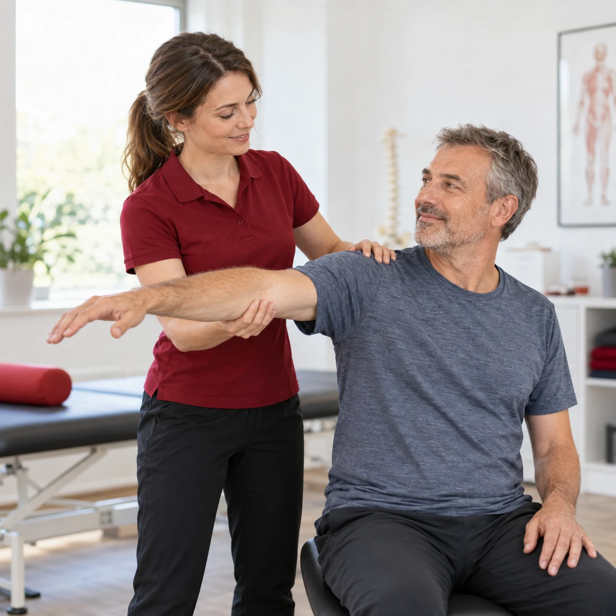 Eine Physiotherapeutin begleitet einen Mann bei einer Schulterbewegung.